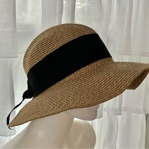 Milani Hat Straw Wide Brim Black Ribbon Bow Sun Beach Womens Adjustable Summer